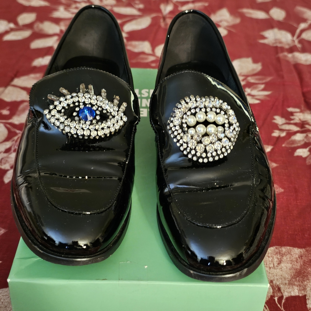 Black Patent Leather Embellished Loafers with Crystal and Pearl Accents